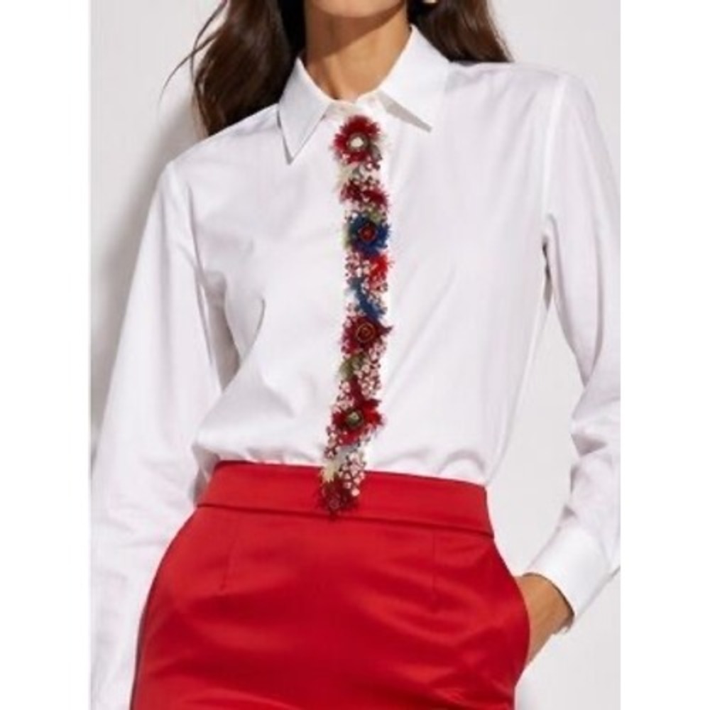 Escada White Cotton Beaded Fringe Tassel Button Down Shirt Womens IT 44
